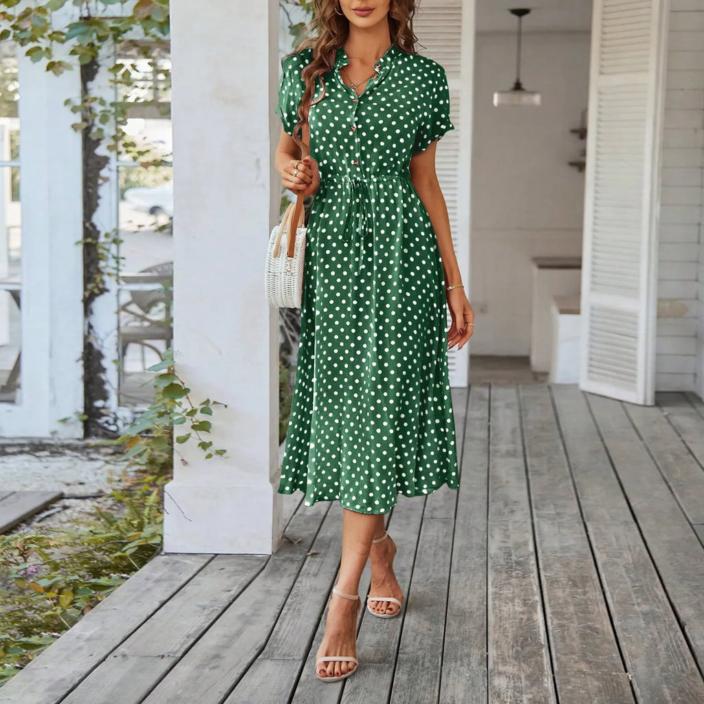 Elegant retro polka dot dress Women's Summer Midi Dress V Neck Single Breasted Short Sleeve Dresses Fashion Print Dress