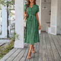 Elegant retro polka dot dress Women's Summer Midi Dress V Neck Single Breasted Short Sleeve Dresses Fashion Print Dress