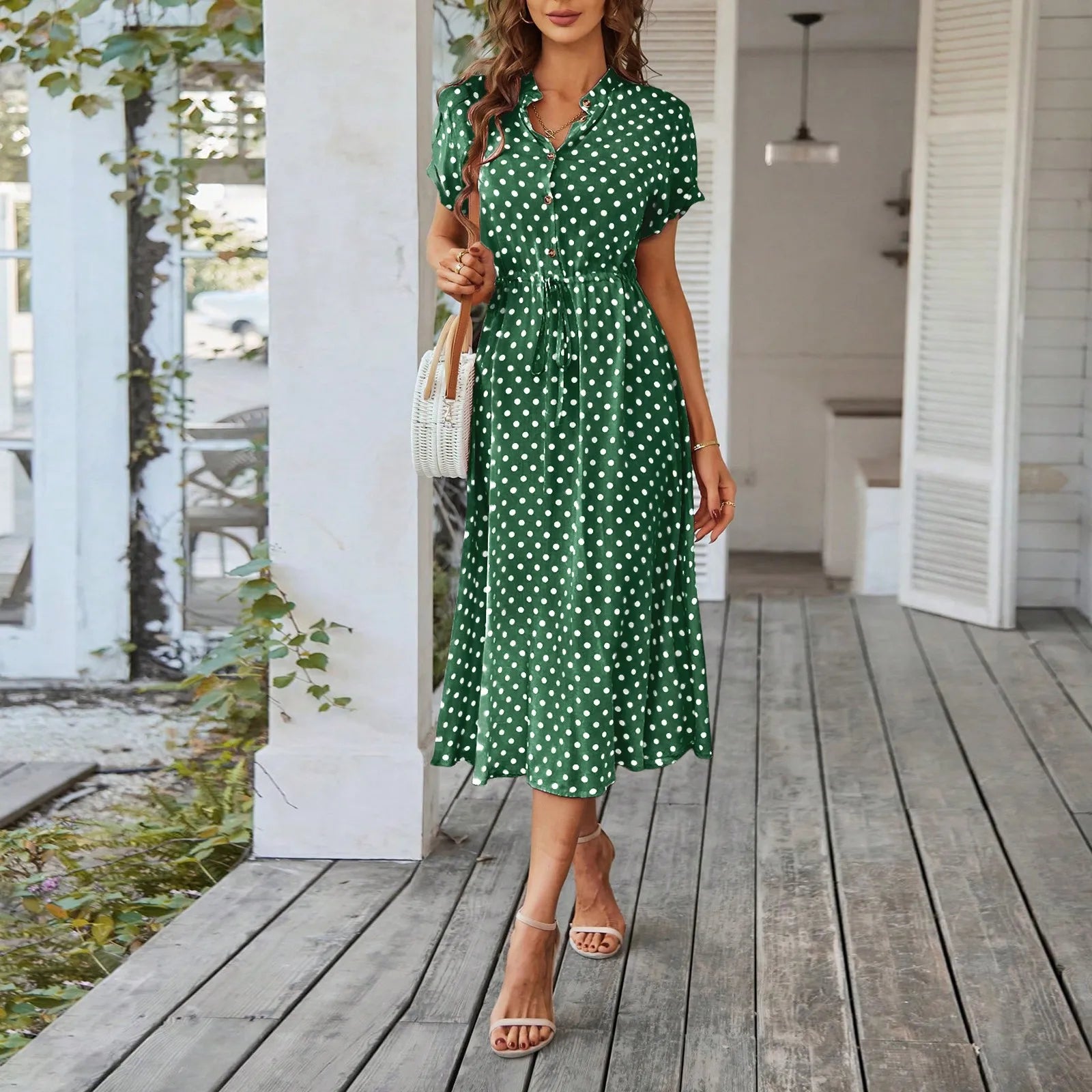 Elegant retro polka dot dress Women's Summer Midi Dress V Neck Single Breasted Short Sleeve Dresses Fashion Print Dress