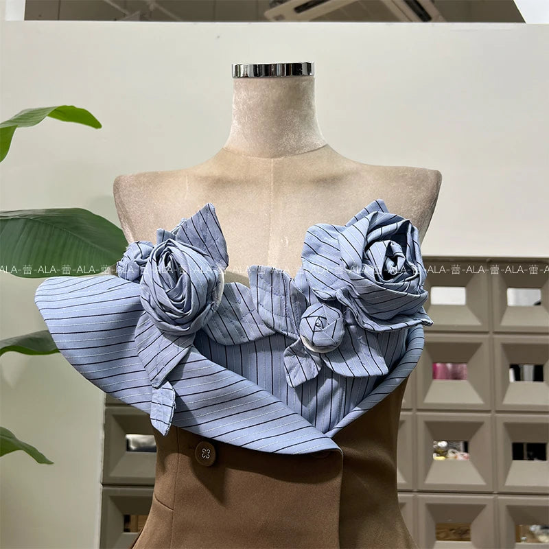 French Style Elegant Socialite 3D Floral Striped Sleeveless Double-Breasted High Waist Slim Sexy Birthday Party Mini Dress Women
