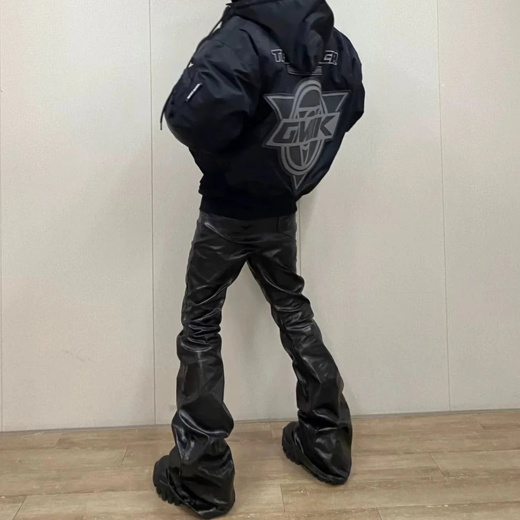 2025 Coated Shiny Hip Hop Punk Stacked Jeans Man Patent Leather Vintage Wide Leg Straight Flared Jeans