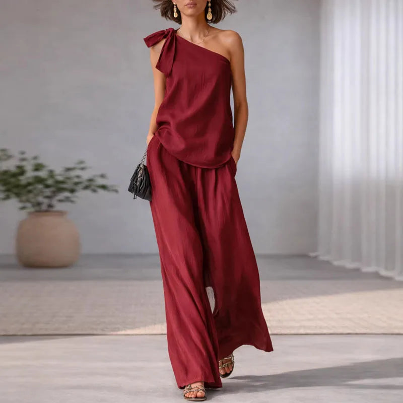 Women's 2 Piece Set 2026 Spring Sexy One Shoulder Tie Knot Top And Wide Leg Pants Suit Casual Loose Summer Beach Vacation Outfit