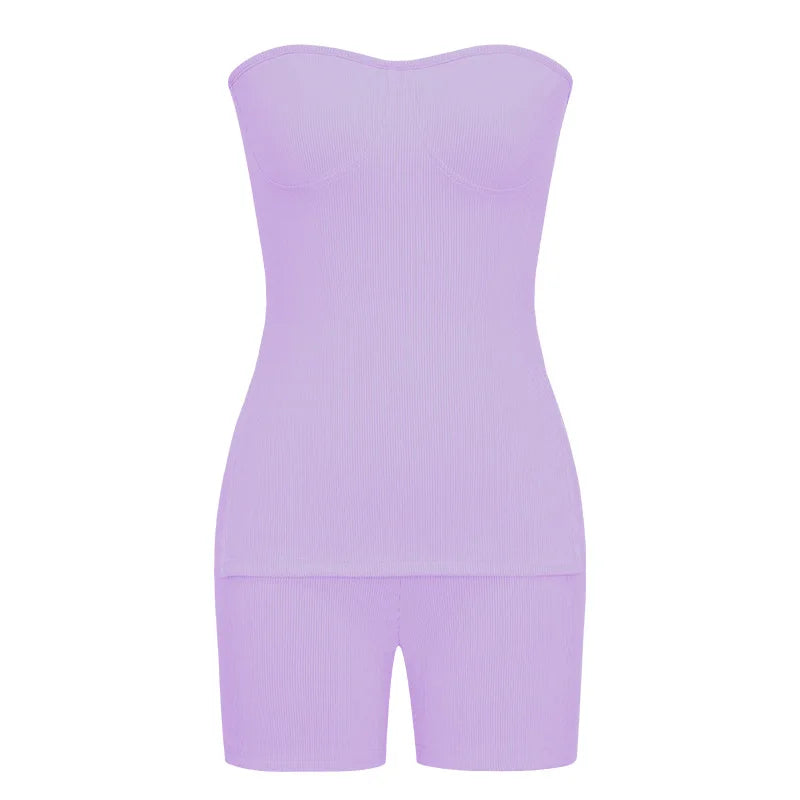 Sexy Solid Slim Suit For Women Fashion Strapless Side Split Top Elastic Waist Package Hip Shorts Two Piece Set 2026 Summer New