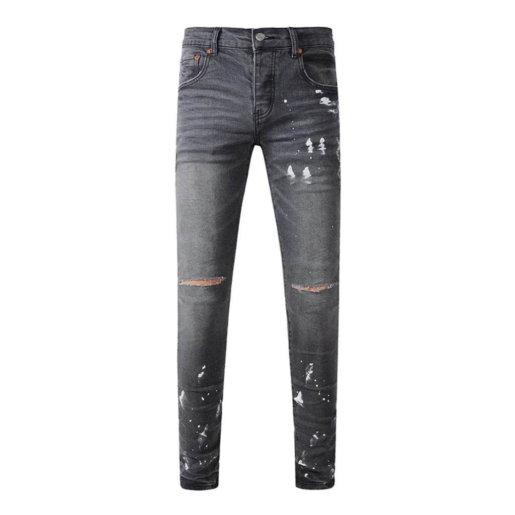 High Street American Distressed Men's Jeans Fashion Brand Coated Blank Stretch Skinny Button Fly Ripped Pants Trousers