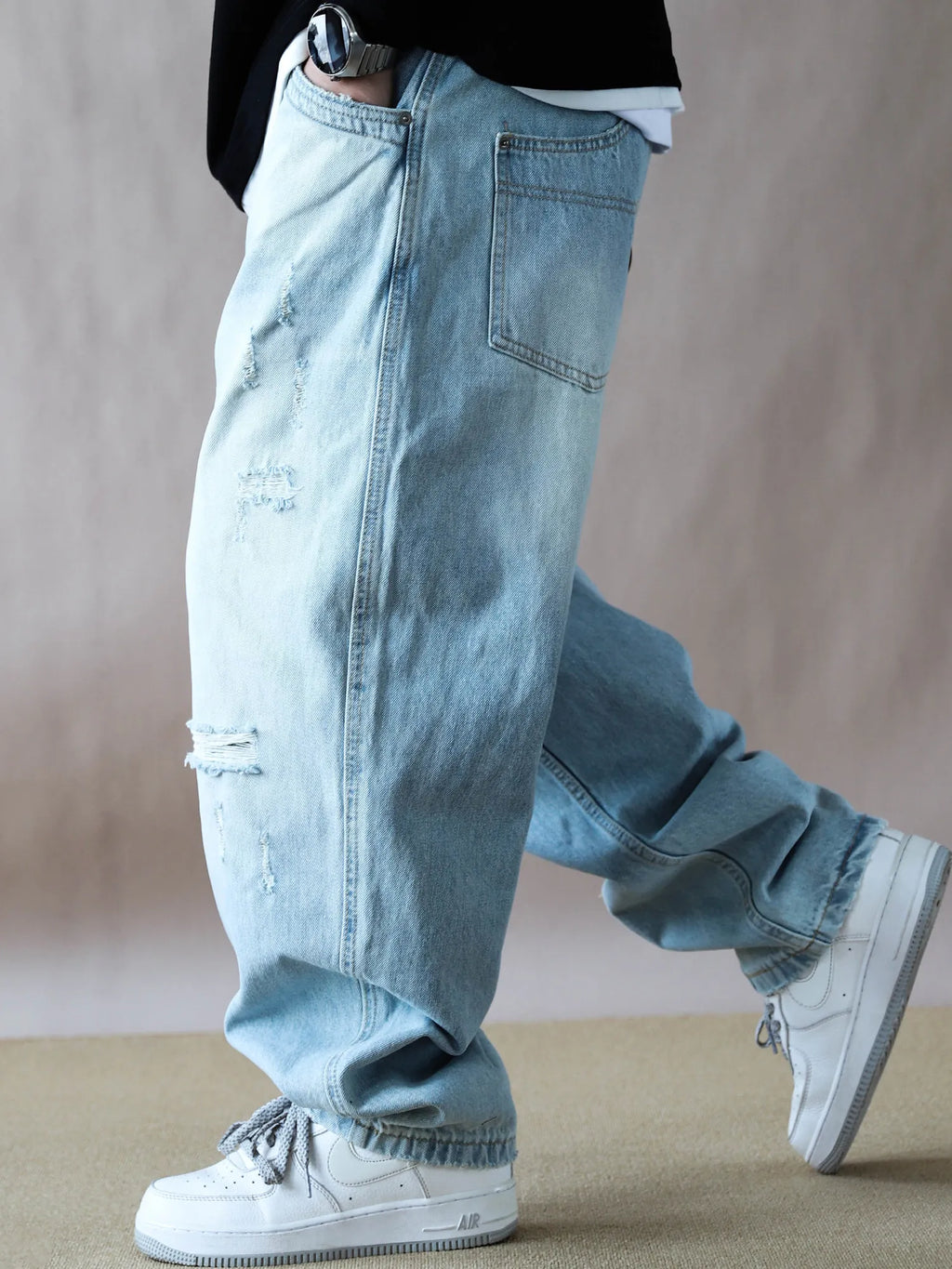 Mens Jeans American Vintage Light Blue Washed Distressed Ripped Patch Baggy Loose Curved Tapered Denim Pants Streetwear Hip Hop