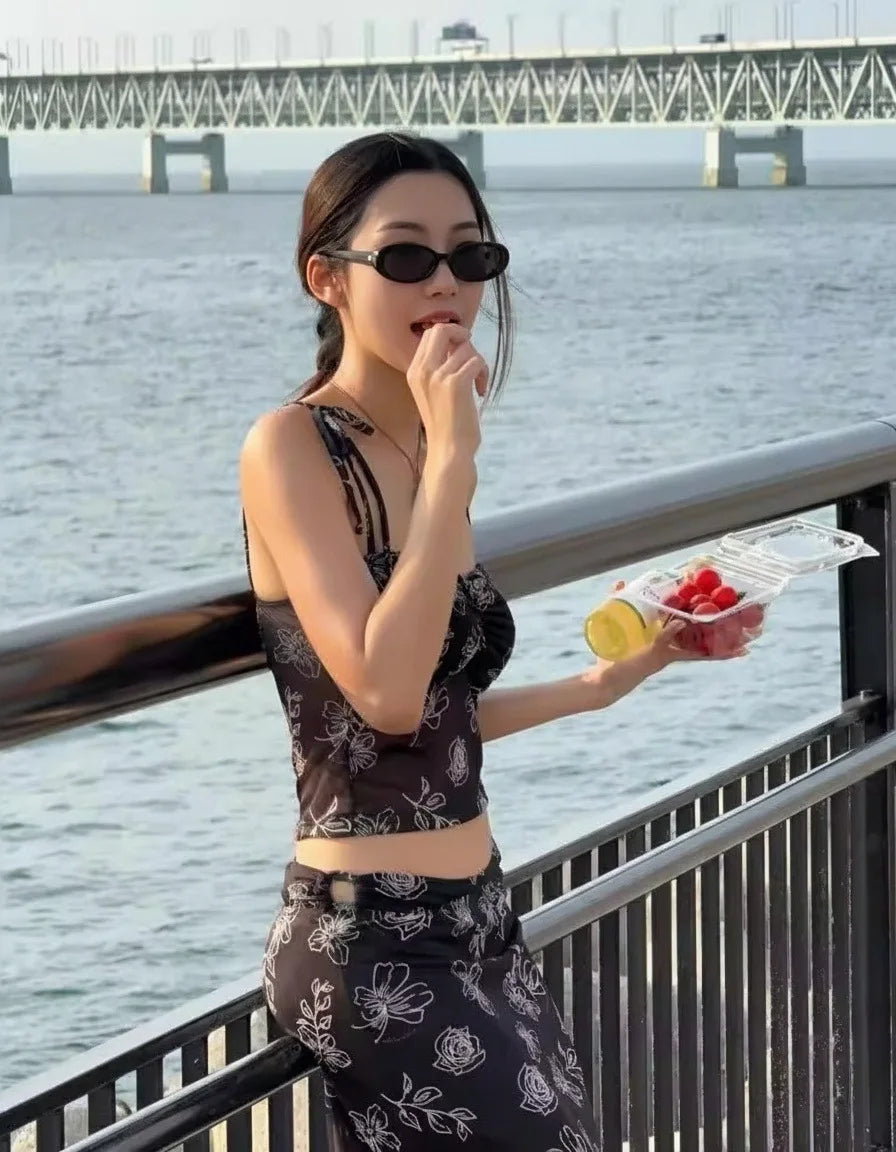 Retro Style Floral Embroidery Three Piece Swimsuit Slim Long Suspender Dress Women Holiday Beach Vacation Cover Up Bikini Outfit