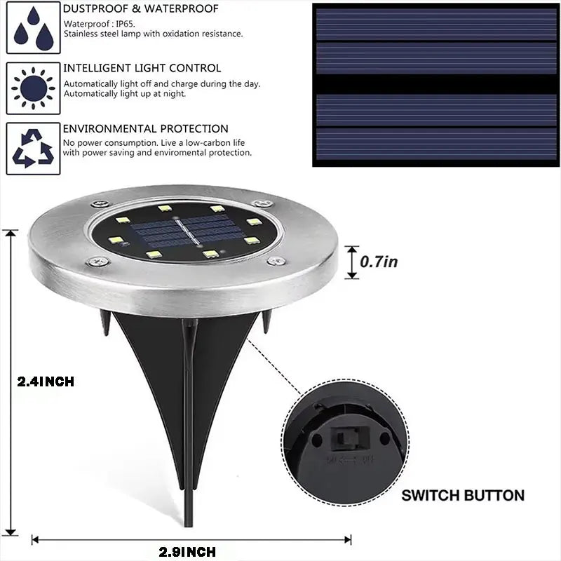 4PCS-Solar Underground Light 8LED Stainless Steel Grounded Grass Light Courtyard Garden Villa Landscape Ground Light