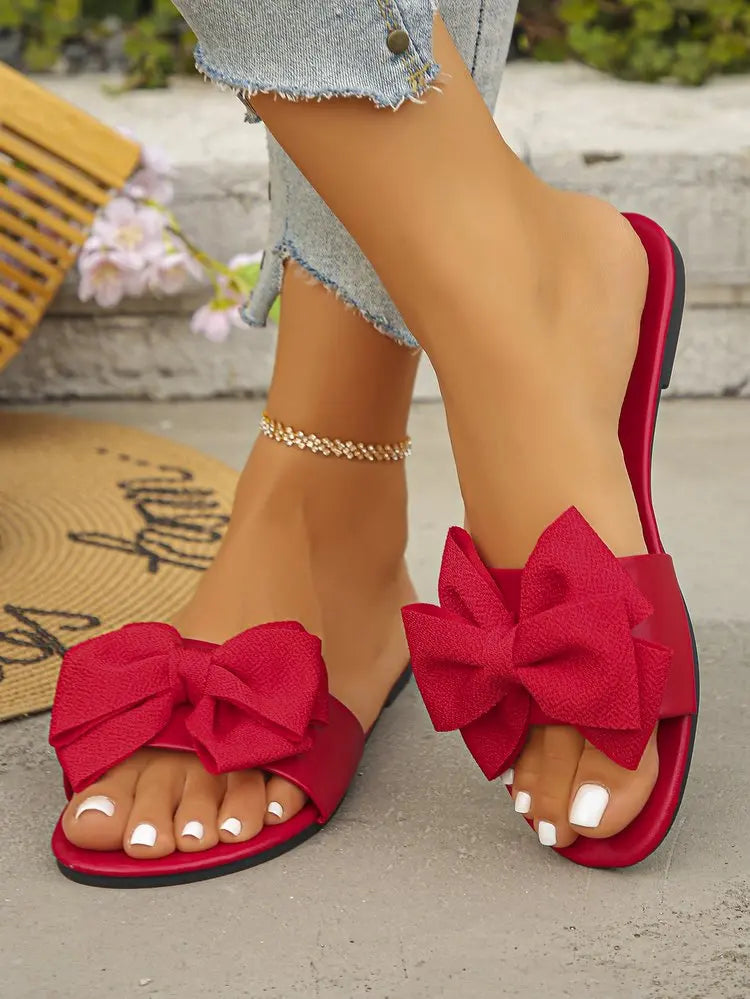 Womens Slip on Flat Sandals Big Bowknot Wide Strap Slides Mules Open Toe Casual Sweet Summer Beach Comfort Daily Walking Shoes
