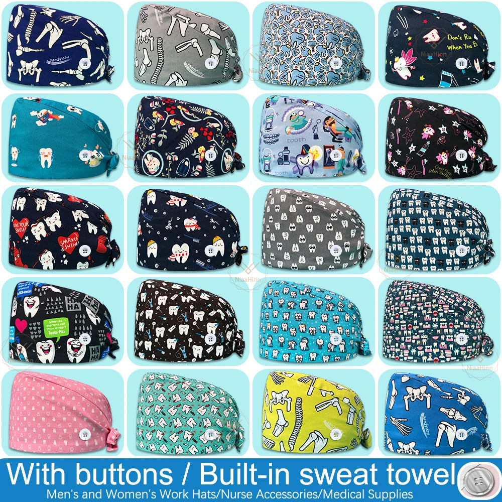 Dentistry Pet Medical Scrub Pharmacist Clinic Hat Dentist Lab Cap Nurse Surgical Working Caps Nursing Hats Cotton with Button