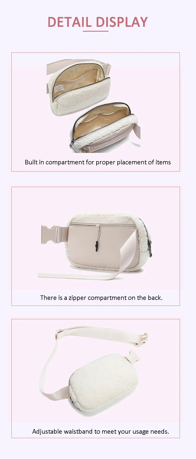 Winter Fleece Belt Bag for Everywhere Women Crossbody Bag White Fanny Pack Bag Small Waist Bag with Adjustable Strap (Ivory)