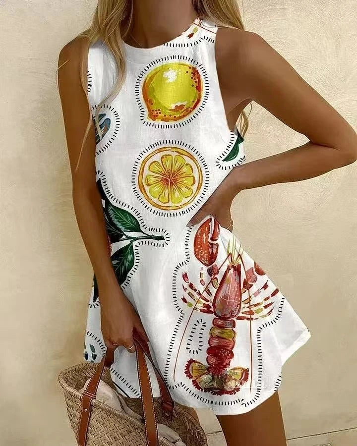 Fashionable Printed Shirt Skirt Sexy Sleeveless Spring Summer New Item Round Neck Women's Sports Shirt Casual Loose Dress