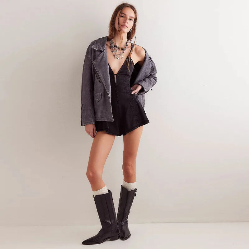 Chic Women's Sleeveless Backless Denim Short Jumpsuits Summer Sexy Deep-V Spaghetti Straps  Baggy Jeans Shorts Rompers For Woman