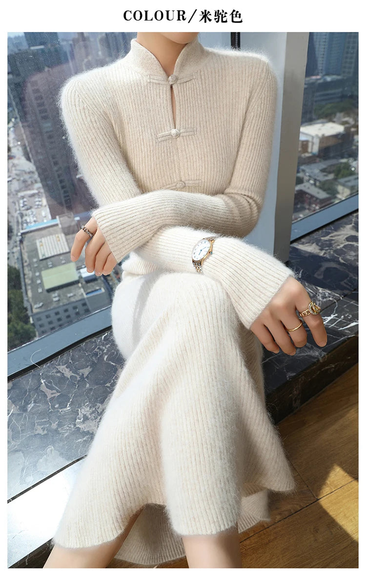 100% Mink Cashmere Knitted Dress Ladies Stand Collar Buckle Long Skirts Retro High Waist Over Knee Slim Dress New Thick Sweater