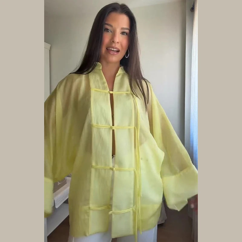 Loose Women's Frog Buttons Mandarin Shirts See Through Stand Collar Full Sleeve Blouses 2026 Summer Lady Cotton Linen Outwear