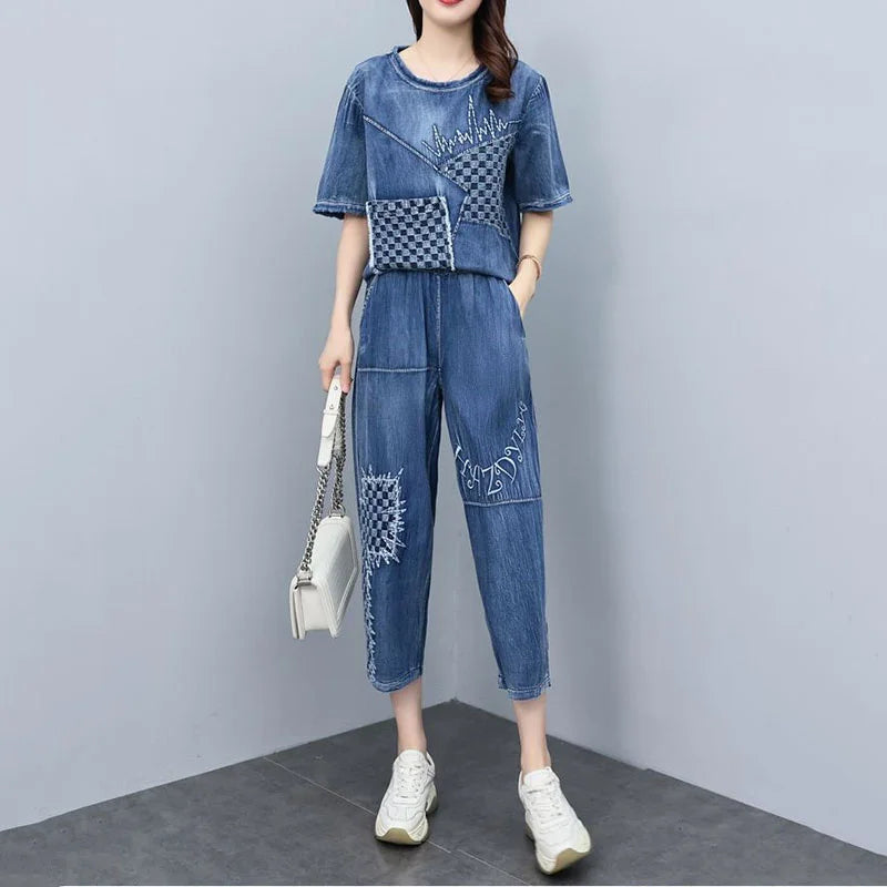 2026 Summer Women Embroidered Mosaic Lattice Denim Two-Piece Suit Fashion Sportswear Female Casual Loose 2 Piece Set Ladies