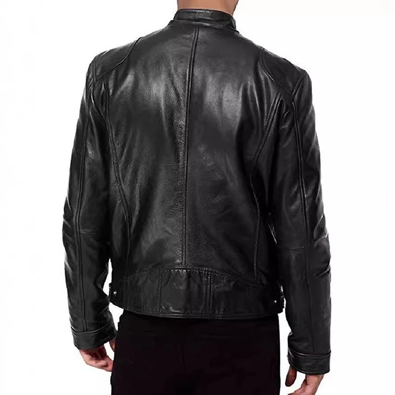 Men' s Retro Leather Jacket Stand Collar Biker Jacket Slim fit Multi-Pocket Coat Autumn Winter Outwear