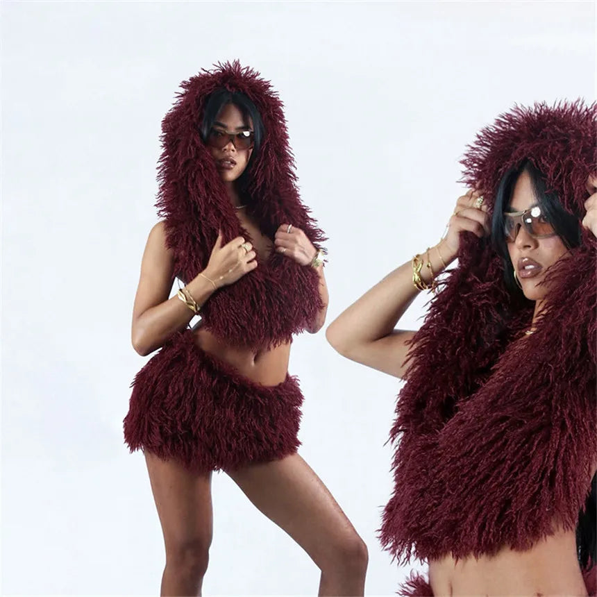 2026 Fall Winter Fashion Faux Fur 2 Piece Set Women Lace Up Backless Hooded Tank Tops + Bodycon Mini Skirts Casual Street Suits