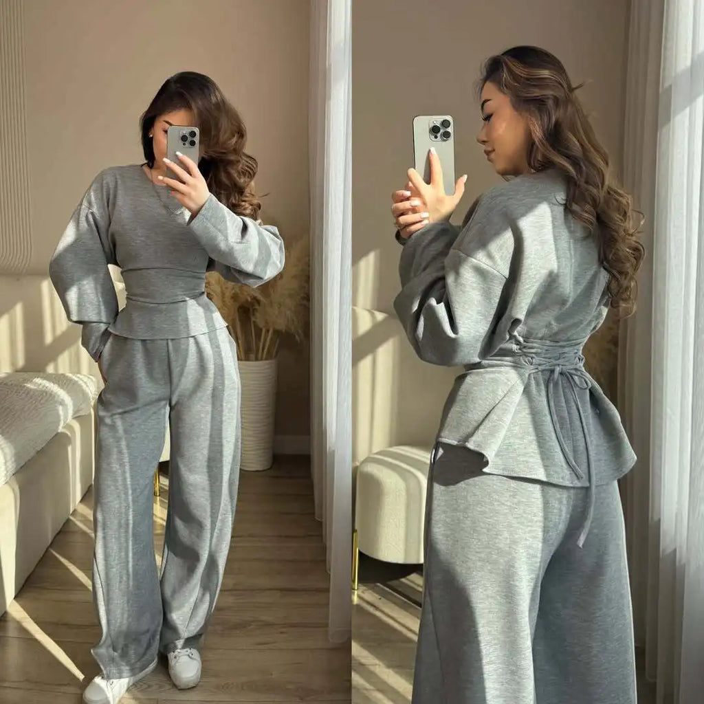 Women's 2 Piece Long Sleeve Top and Wide Leg Pants Set Casual Solid Color Pullover Sweatshirt and Trousers Lounge Wear Outfit