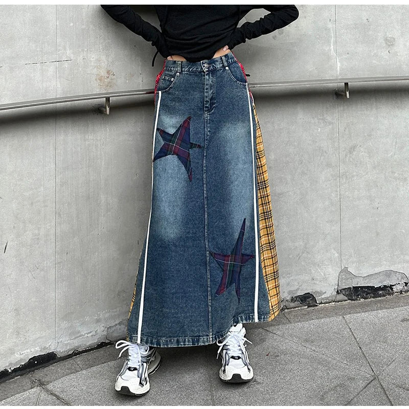 High Fashion Denim Skirt Women Elastic High Waist A-Line Long Skirt Female Colorful Patchwork Plaid Jean Skirt