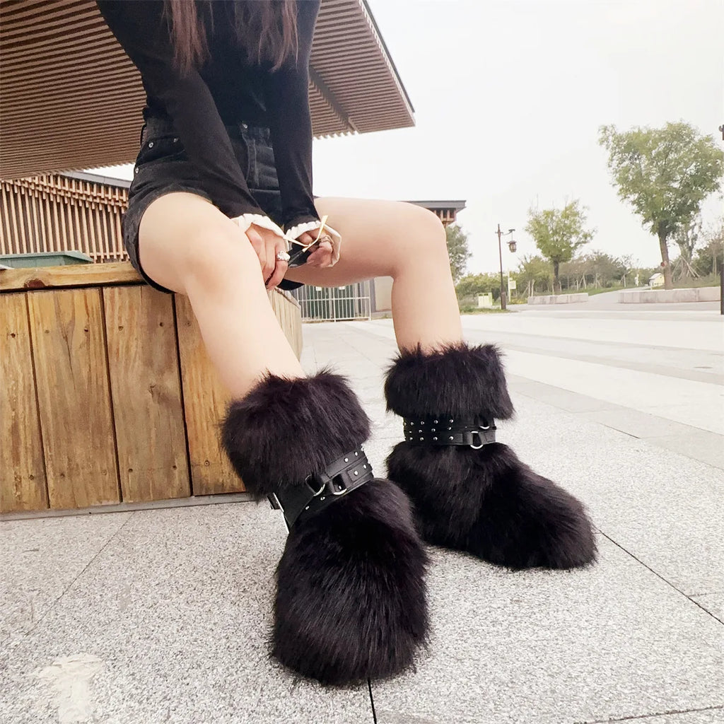 Winter Fur New Design Onepiece Raccoon FurFemale Snow Boots Fur shoes OutdoorMid Leg Boots y2k Cool Pink Girl