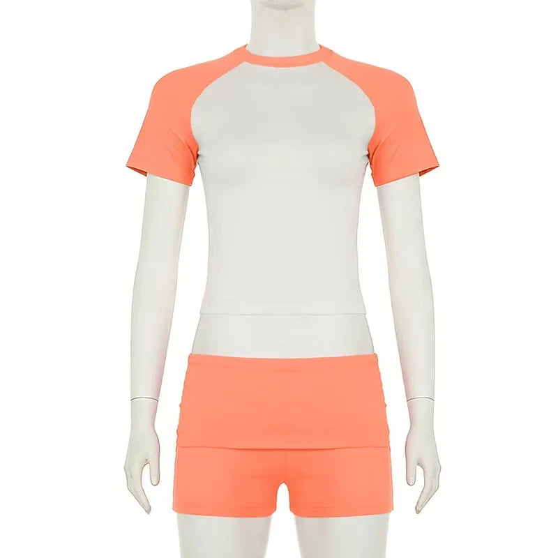 Women's Colorblock 2 Piece Outfit Set Raglan Sleeve Crop Top High Waist Foldover Waistband Biker Shorts Casual Sporty Loungewear