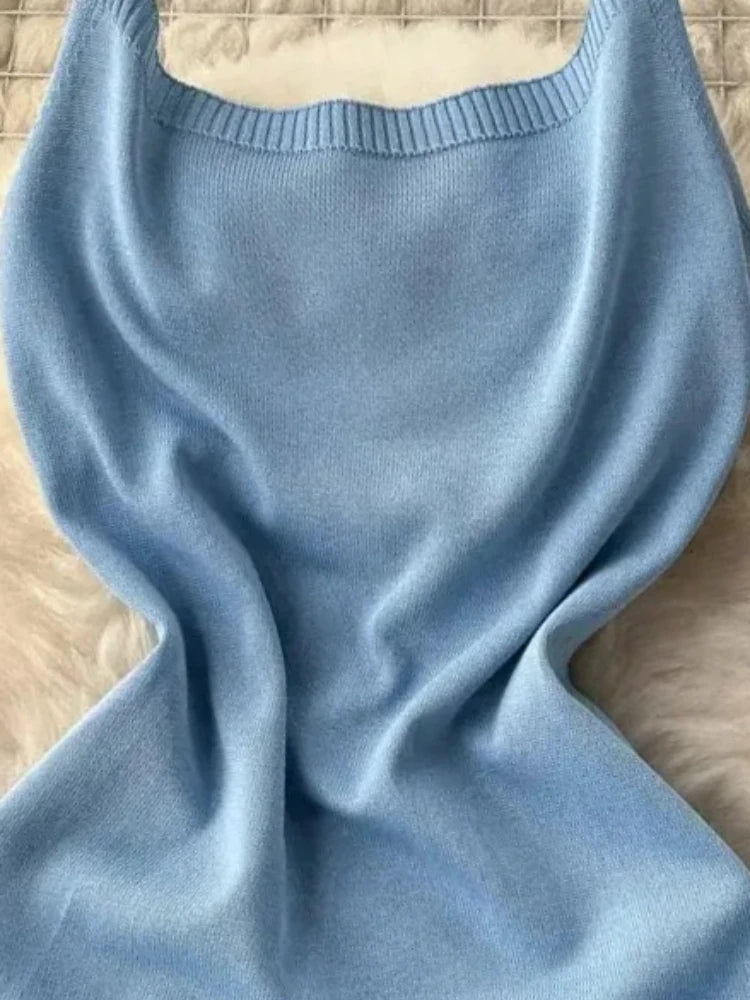 Women Sexy Sleeveless Off Shoulder Knit Dress Halter Backless Drawstring Pleated Elastic Bodycon Dress Summer Sundress Outfits