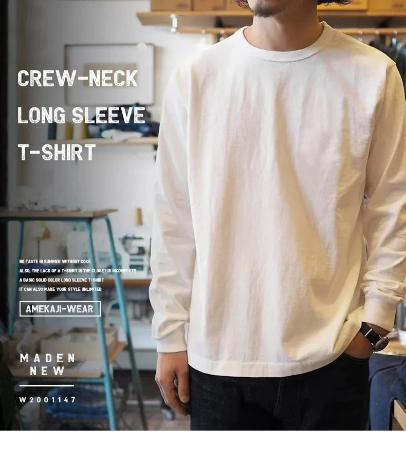 Maden 100% Cotton Loose Crew Neck Long Sleeve T-shirts Men's  230g Thin Breathable Tee Shirt Basic Solid Color Oversized Tops