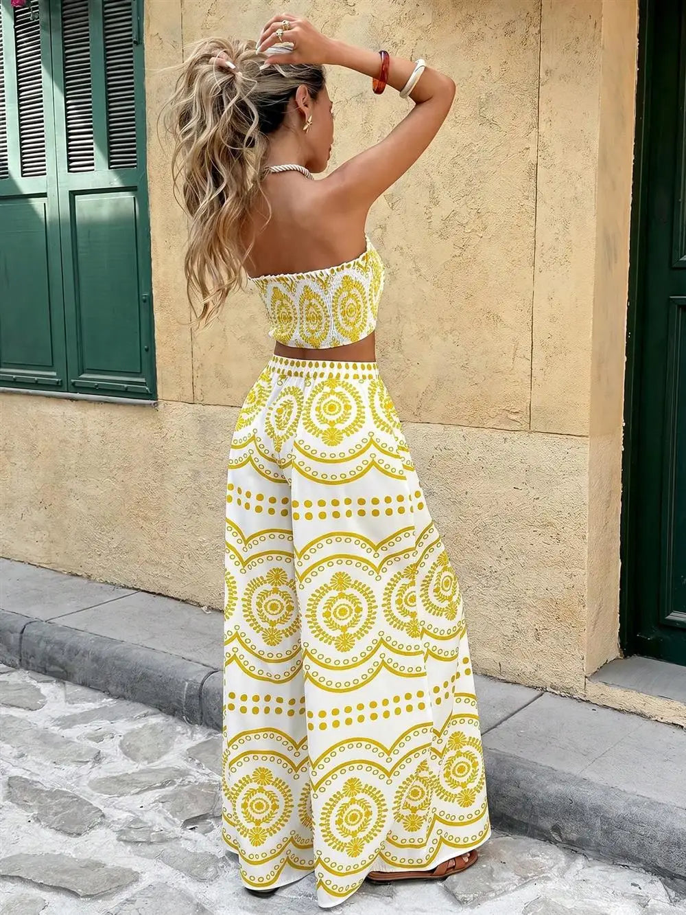 Bohemian Print Crop Top And Wide Leg Pants Two Piece Set for Women Summer Fashion Outfit Spicy Girl Casual Wear