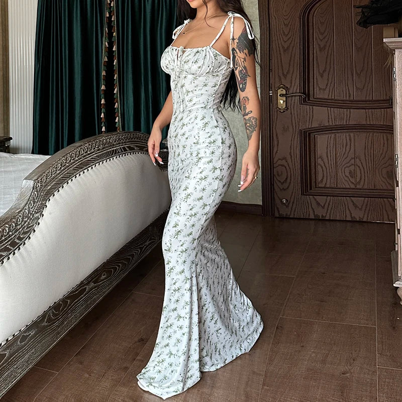 Hugcitar Floral Print Sleeveless Backless Slips Lace Up Maxi Dress Sexy Bodycon Summer Elegant Outfits Holiday Party Wholesale