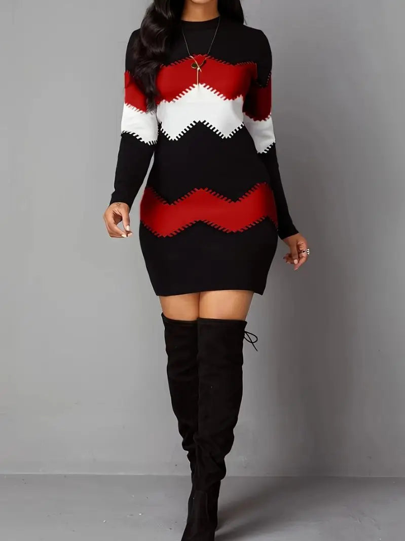 Round neck long sleeved hip hugging short skirt elastic slim fit women's autumn and winter dress