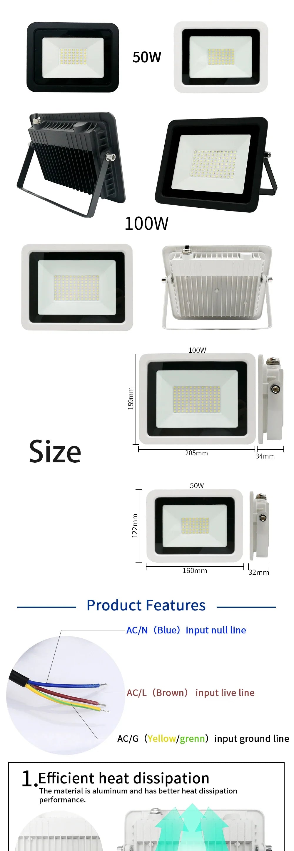 High Brightness LED Flood Light AC220V 30W 50W 100W Outdoor IP68Waterproof Floodlight Spotlight Street Wall Lamp Garden Lighting
