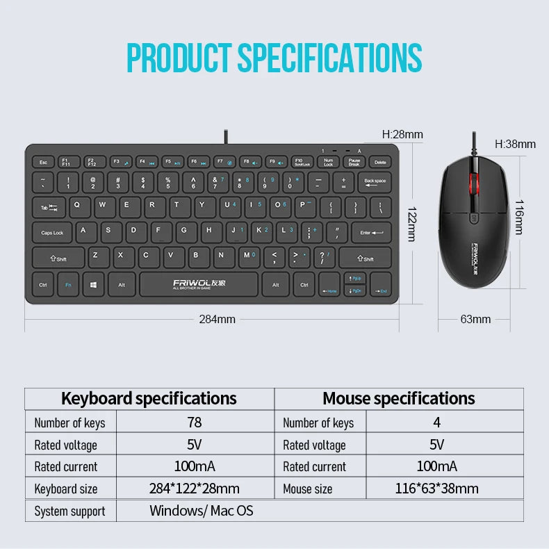 FRIWOL KT-100 Wired  Keyboard Mouse Set 78 Key Mini Portable Keyboard USB Desktop Laptop Office Home Light voice