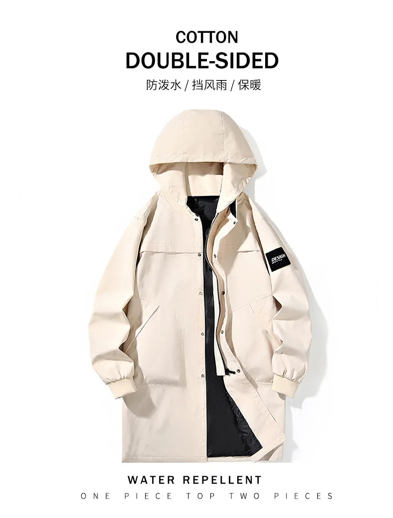 Big Size 9XL Men's Long Trench Coat Hood Fleece Thick Windbreaker Male Autumn Winter Lightweight Plus Large Oversize Hat Zipper