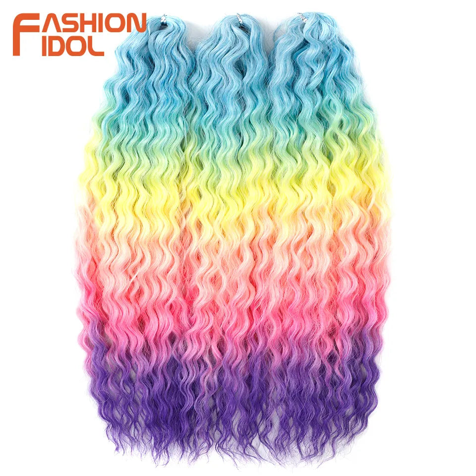 FASHION IDOL 24 Inch Ariel Hair Synthetic Crochet Curly Hair Water Wave Braid Hair Ombre Pink Deep Wave Braiding Hair Extensions