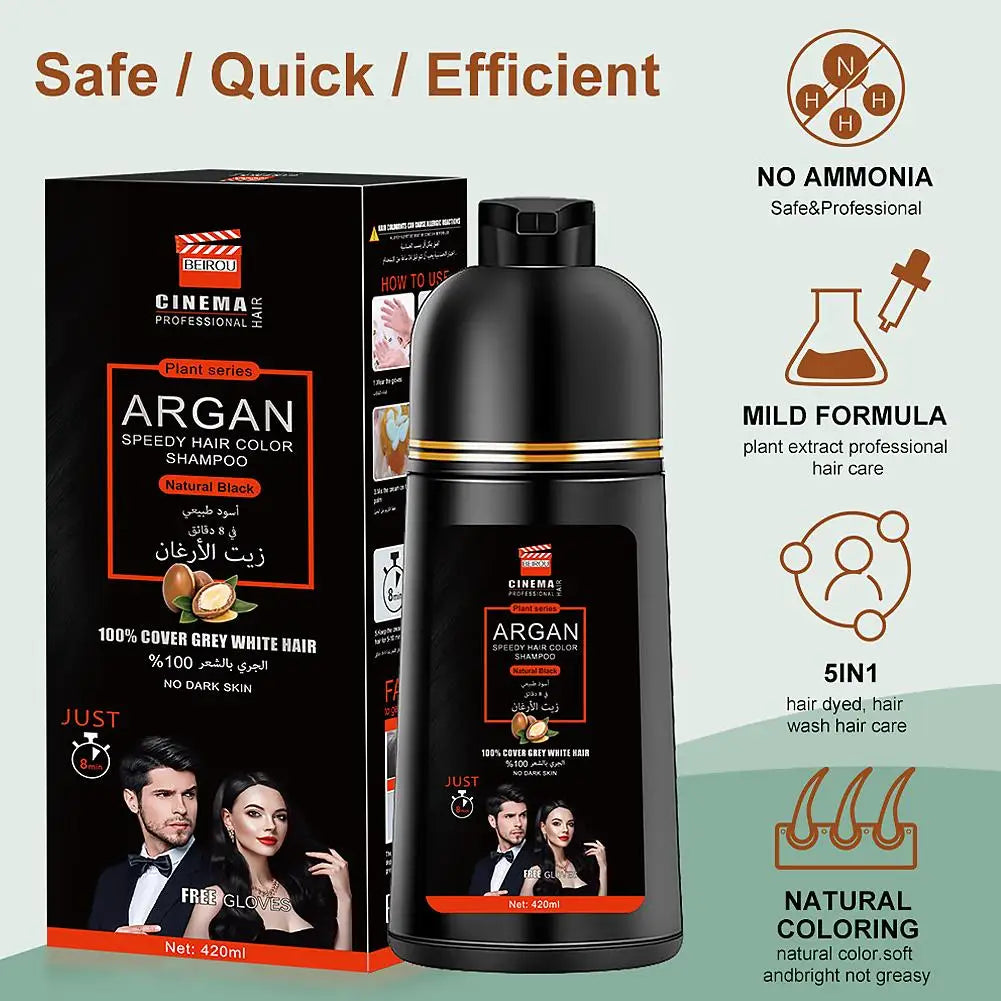 3-in-1 Collagen Argan Oil Shampoo Long-Lasting Black Hair Dye Shampoo for Men Women Nourishes Colors Gray Hair, 420ml Formula