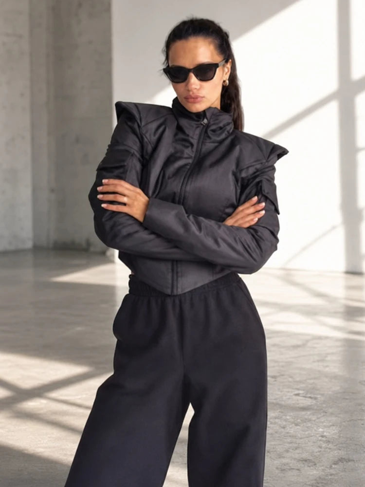 Women Sporty Cropped Padded Jacket Stand Collar Zip‑Up Shoulder Pad Long Sleeve Slim Fit Warm Coat Casual Chic Ladies Outerwear