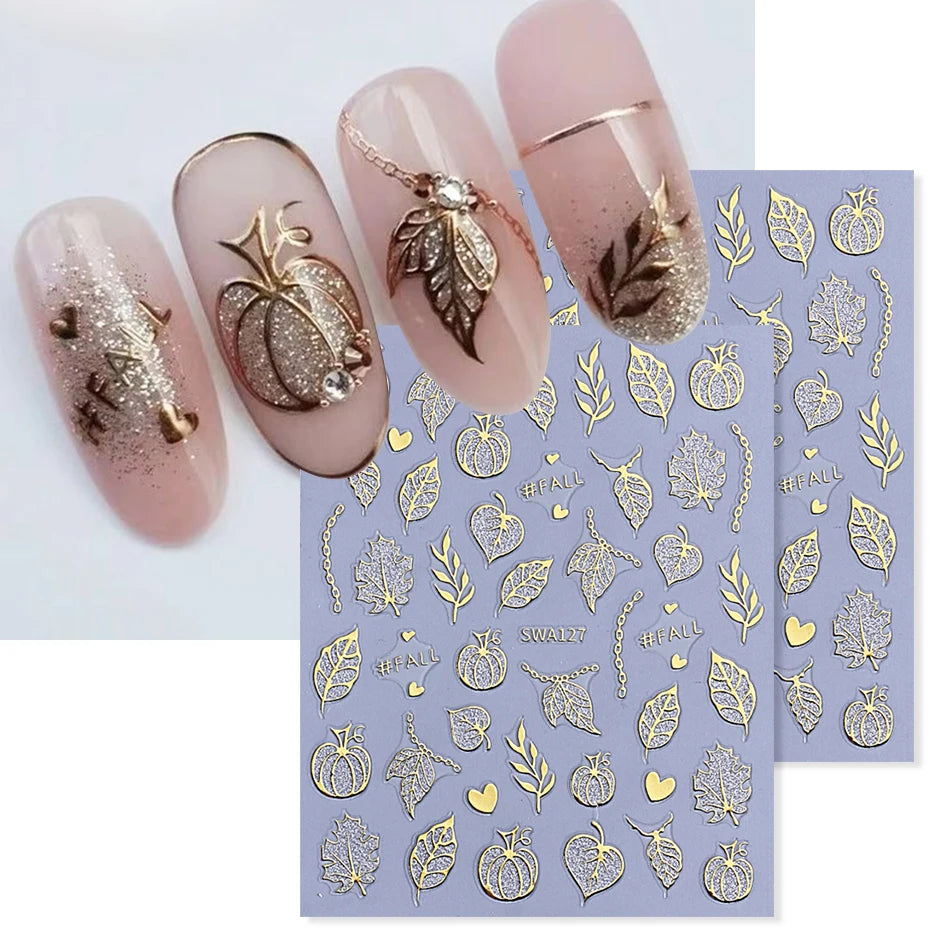 2pcs Glitter Pumpkin Nail Art Stickers Autumn Shiny Fall Leaves Designs 3D Self Adhesive Nail Decals DIY Manicure Decoration