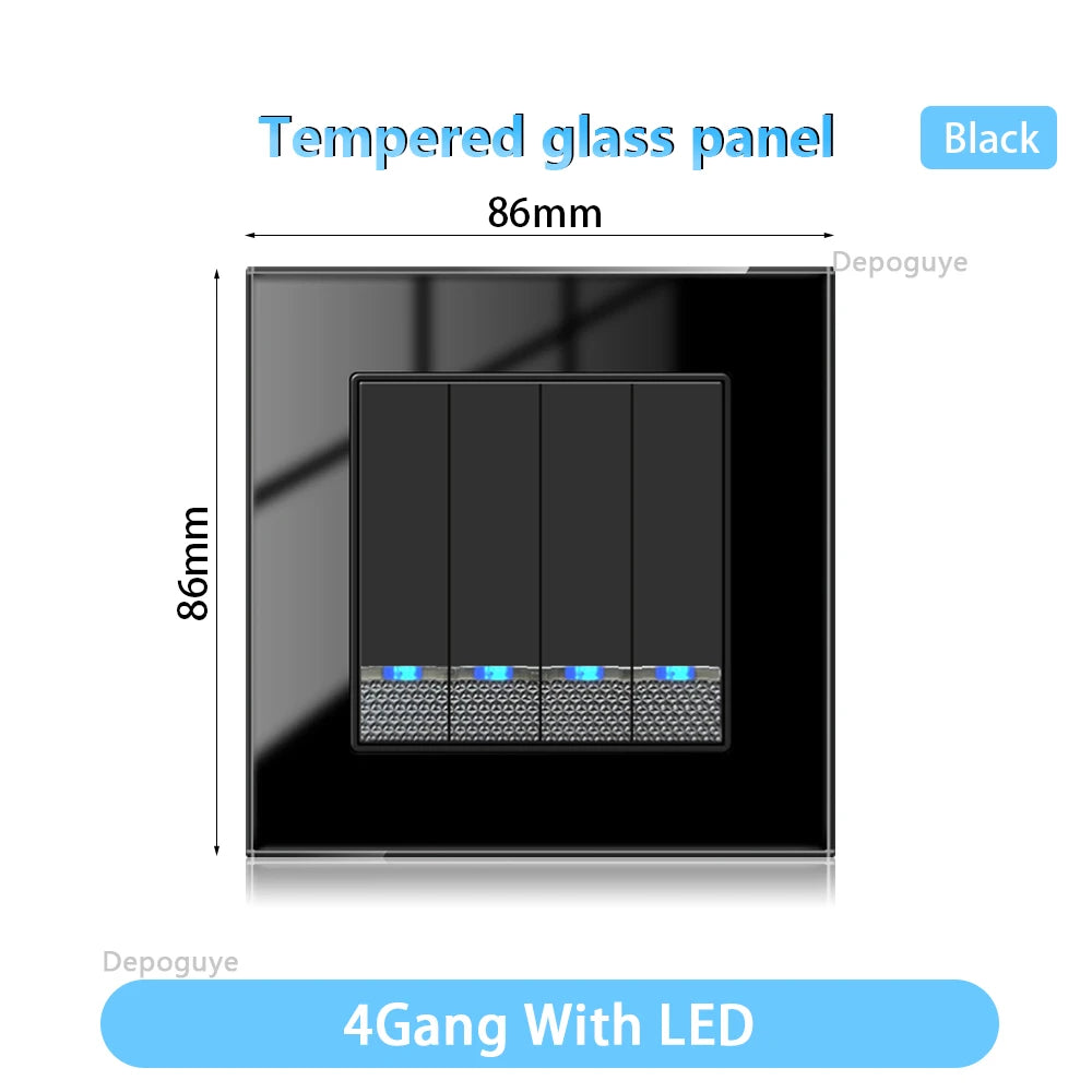 Tempered Glass Wall Switch With LED Indicator Light 1/2/3/4Gang 1/2Way EU UK Standard 16A 220V Light Switch Home Decoration