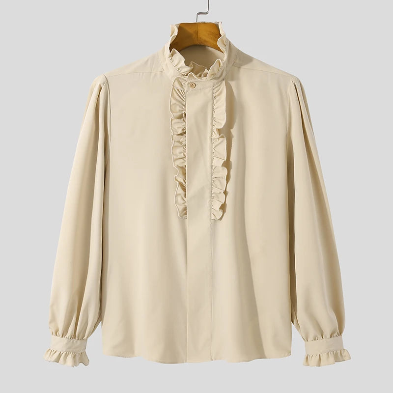 INCERUN 2024 Men Shirt Stand Collar Solid Color Ruffle Long Sleeve Casual Men Clothing Streetwear Elegant Fashion Camisas S-5XL
