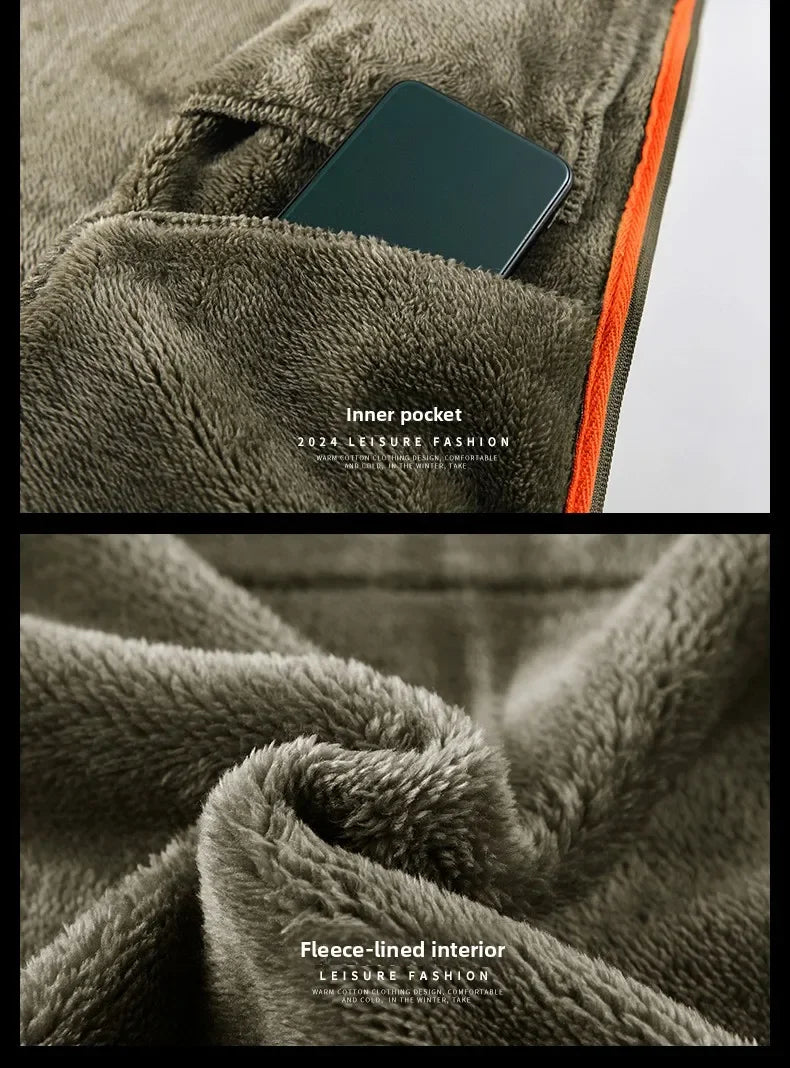 Winter Thickened Windproof Stand Collar Zipper Jacket for Men Casual Outdoor Fleece-Lined Coat Embroidered Men's Warm Jackets