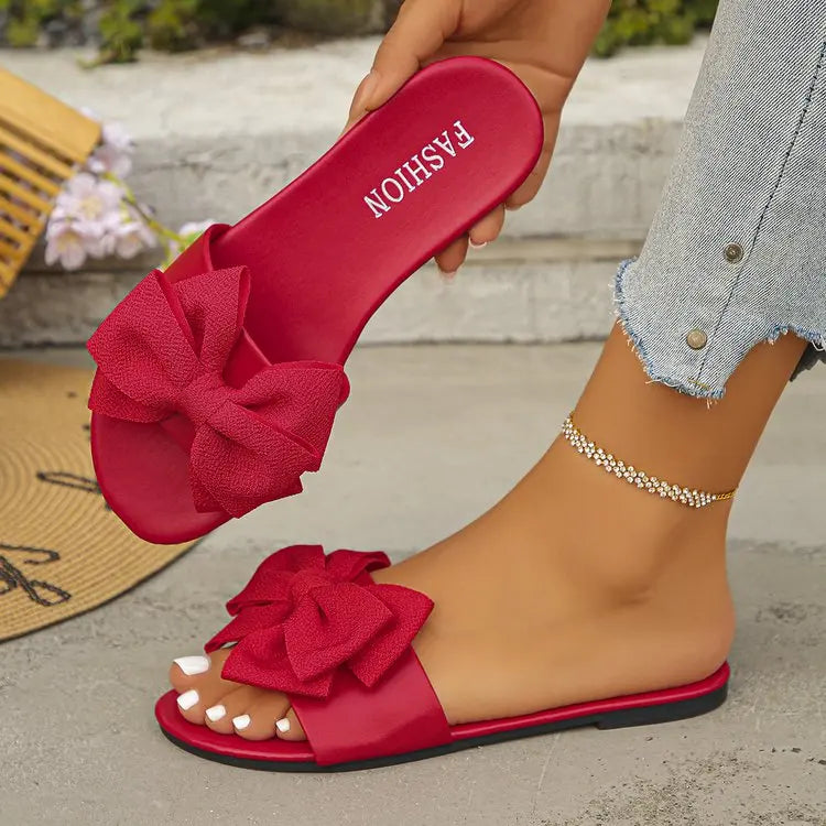Womens Slip on Flat Sandals Big Bowknot Wide Strap Slides Mules Open Toe Casual Sweet Summer Beach Comfort Daily Walking Shoes