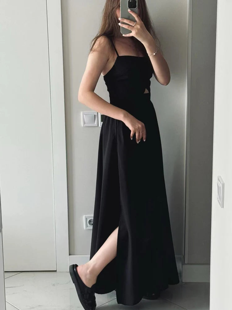 FSMG Fashion Black Breathable Sleeveless Backless Halter Dress Summer Sexy Spaghetti Strap Hollow Out Pockets Side Long Skirt
