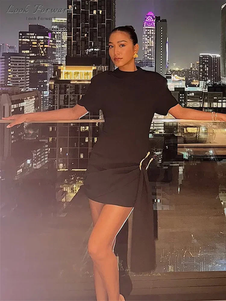 Elegant Mini Dress Woman Ribbons Slim O-neck Short Sleeve Above Knee Dresses Female Spring Summer Party Robe Lady High Street
