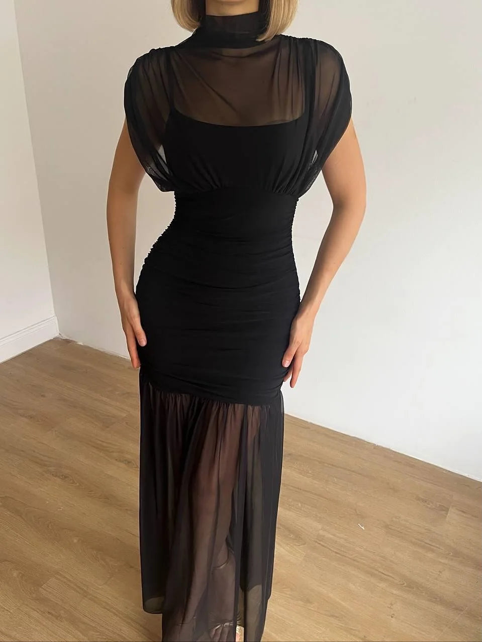 Tossy Black Mesh Fashion Maxi Dress For Women Sleeveless See-Through Patchwork Pleated Party Dress Female Autumn Long Dress 2025