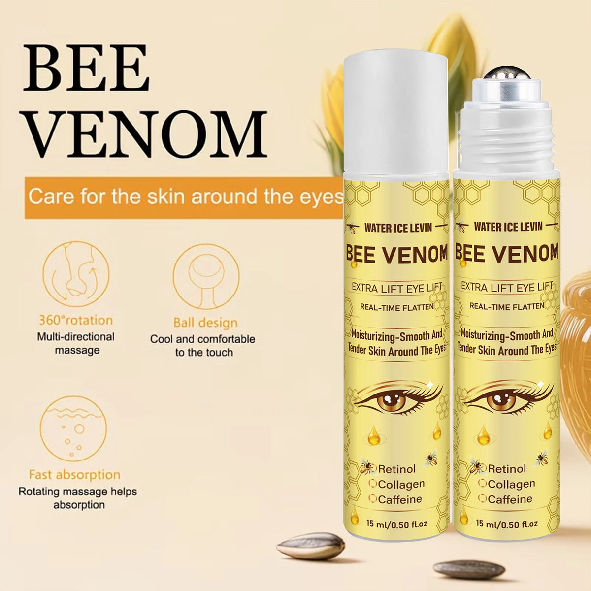 Bee Venom Roll‑on Eye Cream Retinol Collagen Caffeine Real‑Time Flatten Tightening Brightening Moisturizing Eye Treatment 15m