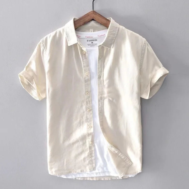 High Quality Cotton Linen Men's Summer Fashion Shirt Solid Color Simple Casual Short Sleeve Blouses Basic Thin Breathable Tops