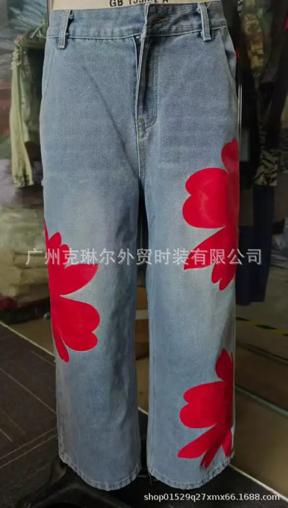 2026 New Fashion Floral Print Wide Leg Jeans Casual Cotton Denim High Waist Nine-Pants Trendy Plus Size Trousers High Street