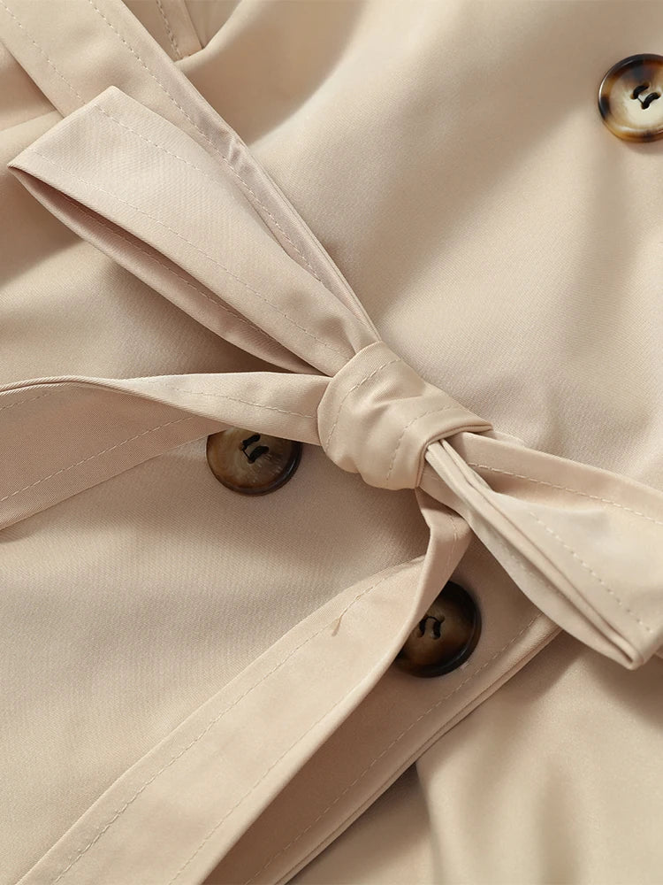 Khaki Lace Up Cape Trench Coat Loose Solid Full Sleeve Lapel Windbreaker 2026 Autumn New Fashion Commute Casual Daily Coats