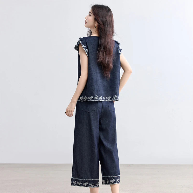SENTUBILA Summer Demin Pant Sets Woman 2 Piece Outfits 2026 Vintage Flora Embroider Tops Cropped Pant Women's Suit W52ZC2349