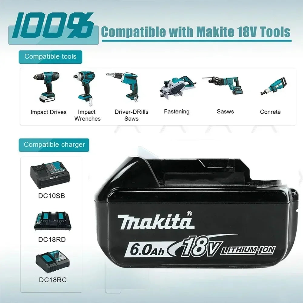 Genuine Makita 6AH BL1860B 18V Battery Power Tool Lithium-Ion Substitute LXT BL1850B BL1840B, Suitable for Use with BMS18V Screw